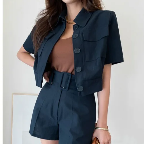 Women Two-piece Suit 2021 Summer Korean Temperament Slim Body Short Lapel Tops and High Waist Sashes Shorts Female Solid Sets