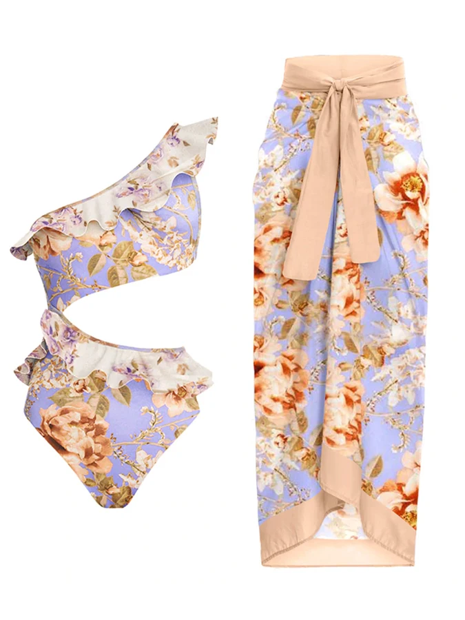 

One Shoulder Floral Print Fashion One Piece Swimsuit Women's Swimwear 2023 Purple Sexy Backless Bikini Summer Vacation Beachwear