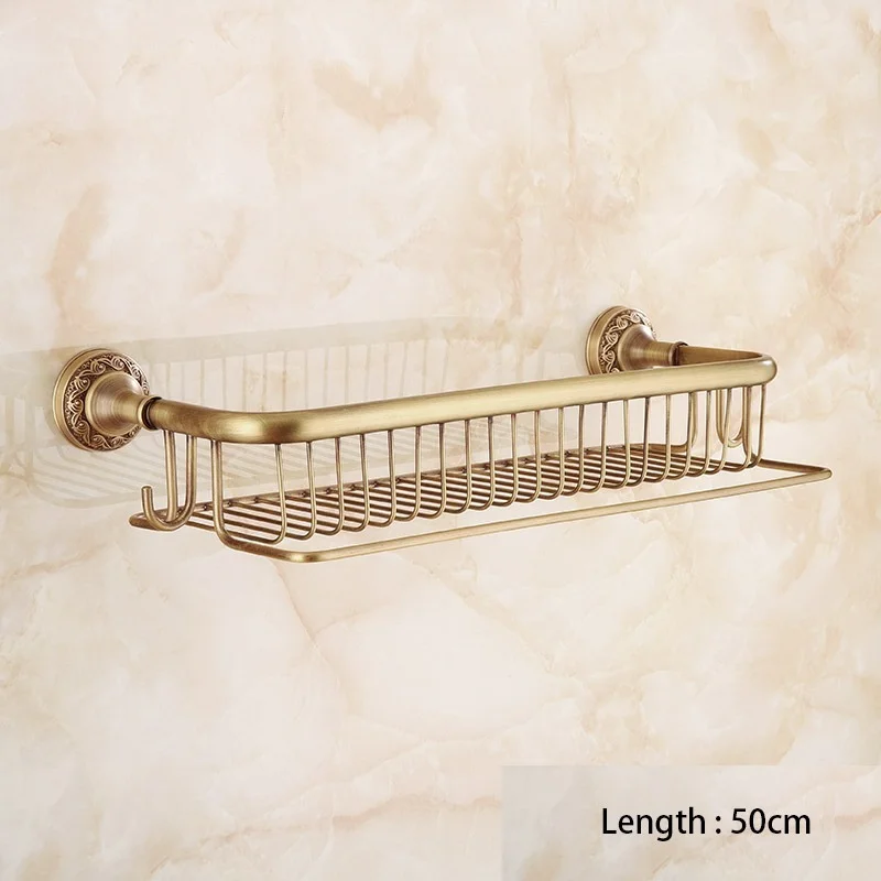 

Bathroom Multi-function Shower Basket with Towel Bar and Hooks, Antique Brass Collection London Style, Good for Kitchen Home