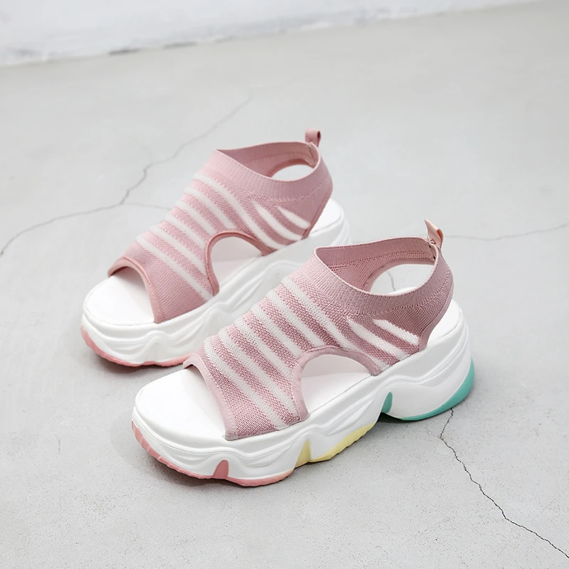 

Шлепанцы женские на платформе, Вязаные сандалии с ремешком на пятке, спортивные, стрейчевые, для ходьбы, сланцы, лето 2022