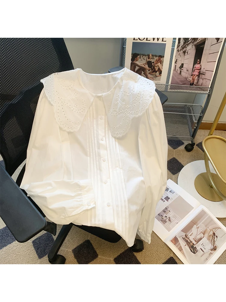 

Женская белая блузка, рубашка, топы с длинным рукавом, корейская модная рубашка Y2k, милая рубашка с воротником в стиле Питера Пэна, женская элегантная Винтажная летняя рубашка