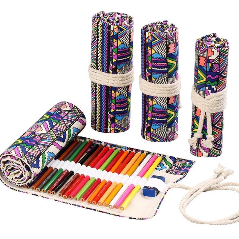 

12/24/36/48/72 Hole Colorful Cloth Pencil Case Antique Aesthetics Stationery Cosmetic Pencil Storage Bag Stationery Box