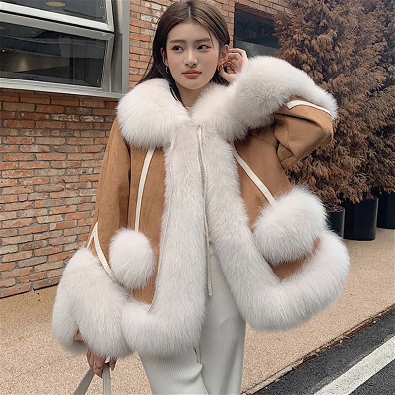 

Новинка осенне-зимняя модная короткая комбинированная меховая накидка с воротником-поло из лисьего меха замшевая меховая накидка Женская трендовая