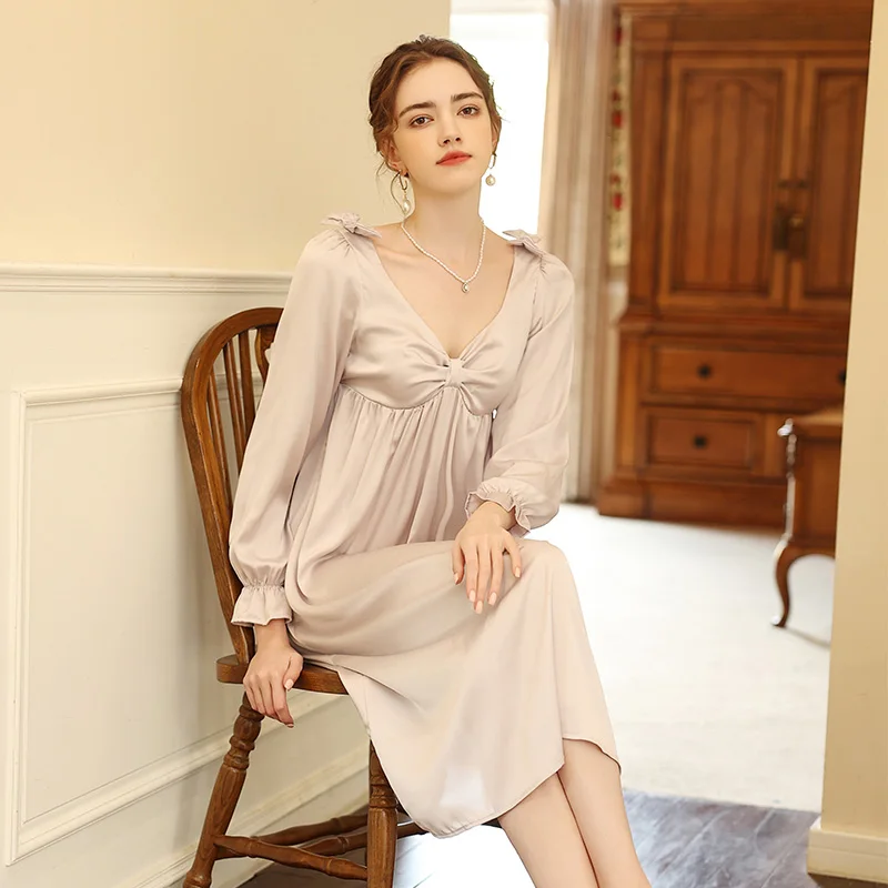 

2022 Summer Silk Satin Sexy V-neck Nightgowns for Women Korean Long Sleeve Cute Bow Nightdress Sleepwear Night Dress Can Outwear