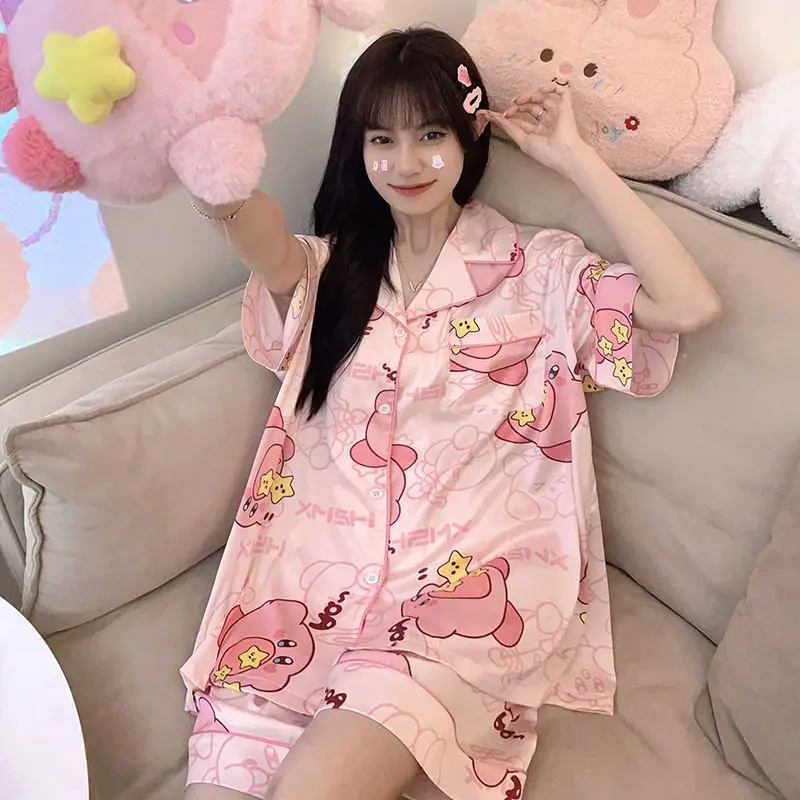

Пижамный комплект Kawaii Kirby Женский Летний Тонкий шелковый с коротким рукавом милый свободный женский сон и отдых