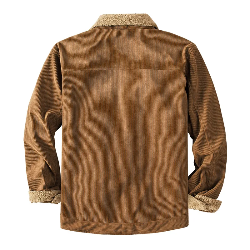 US Size Mens Fashion Corduroy Plus Velvet Thick Warm Jacket Plus Size Lapel Loose Imitation Lamb Velvet Winter Coat Men Parka