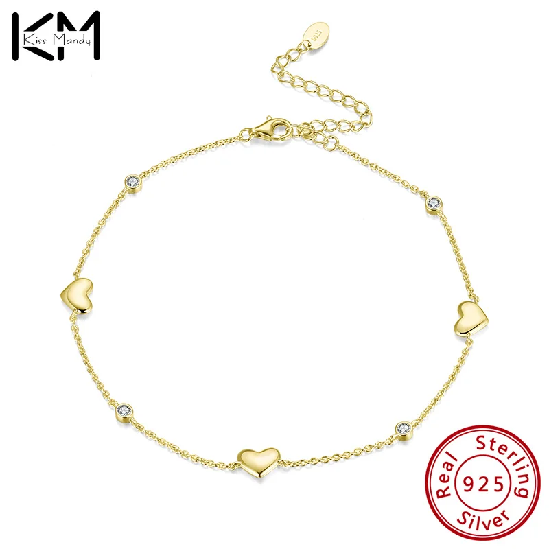 

KISS MANDY Genuine 925 Sterling Silver 14k Gold Heart Shape Anklet Link Chain Women Leg Jewelry Zircon Gift for Women SA01