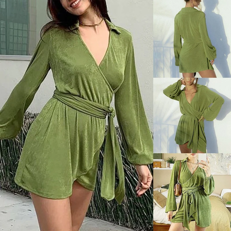 

Women Wrap V Neck Velvet Party Dress Elegant Puff Long Sleeve Draped Mini Dress Sexy Slim Bodycon Dress