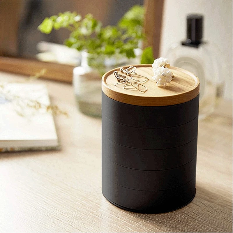 

Wooden Cover Plastic Five-laye Jewelry Box Round Rotatable r Jewelrys Sorting Box Desktop Earring Organizer Home Storage Tools