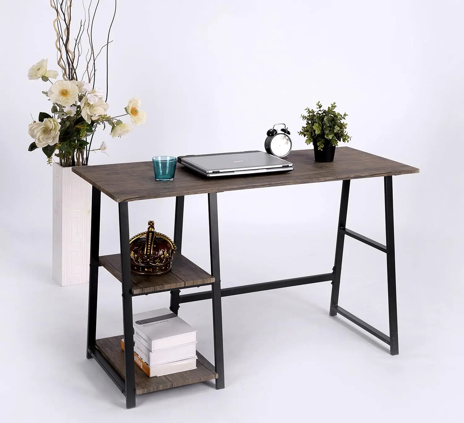

Brown Finish Computer Writing Study Trestle Desk Modern Vintage Home Office White l shape office desk with drawers L shape offic