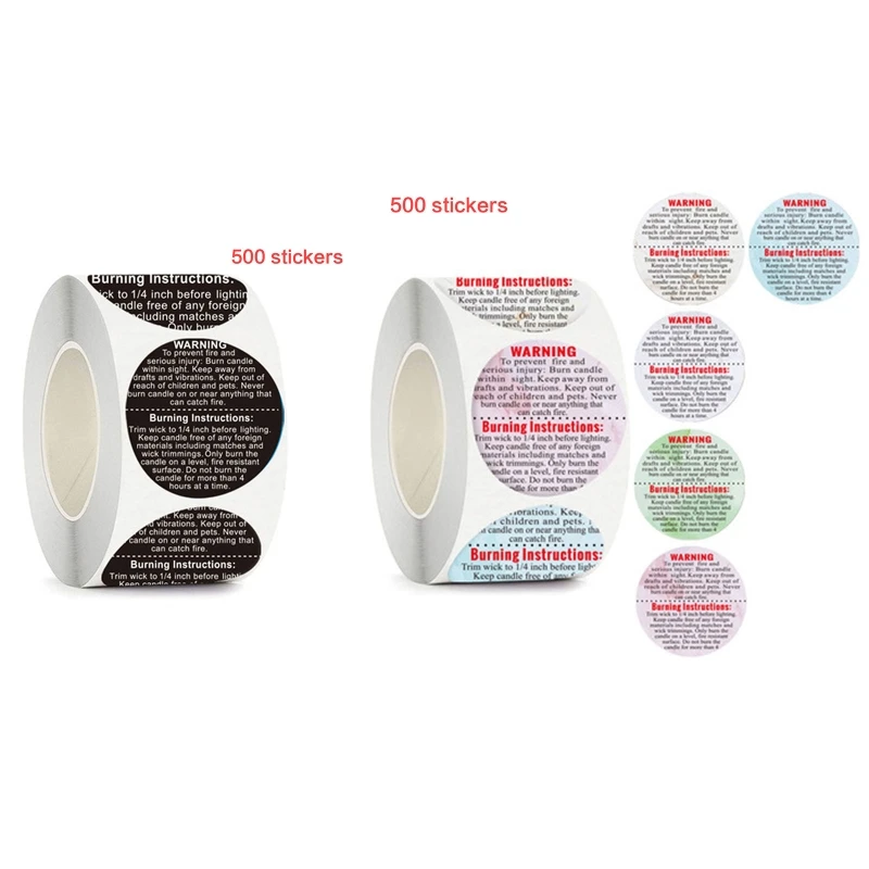 Etiqueta de advertencia redonda de 3,8 cm, etiquetas de advertencia de vela, 500 piezas/rollo, sello adhesivo para tarro de vela en inglés, pegatinas de contenedor de seguridad