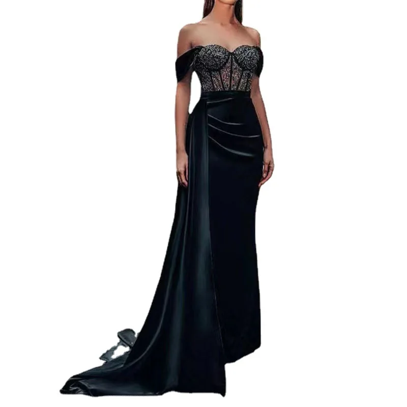 Women Prom Dress Sexy Hollow Lace-up One Shoulder Party Dress Fashion Strapless Split Patchwork  Evening Dress