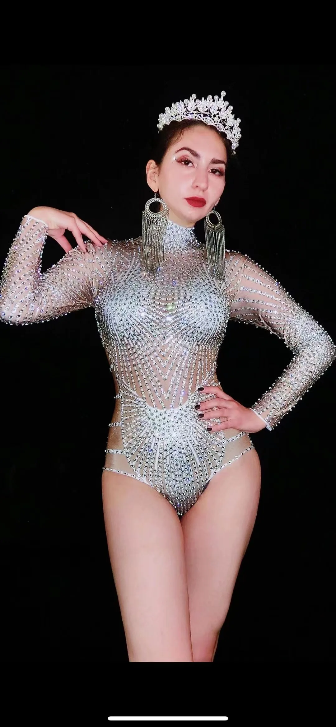 

Performance clothes, nightclubs, bars, female singers, full diamond five degree printed hollowed out long sleeved high fork seri