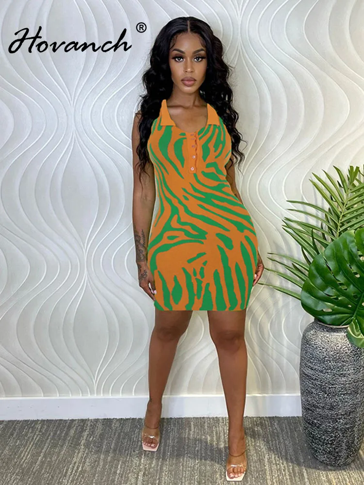 

Женское летнее трикотажное мини-платье Hovanch с принтом, с лацканами, без рукавов, 2022, праздничная пляжная одежда, пикантное однобортное облег...