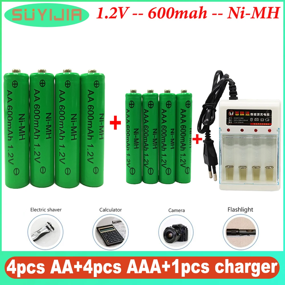 

New 1.2V AA+AAA Battery 600mah Ni-MH Rechargeable Battery with Charger Clock Mouse Computer High Quality Flashlight Batteries