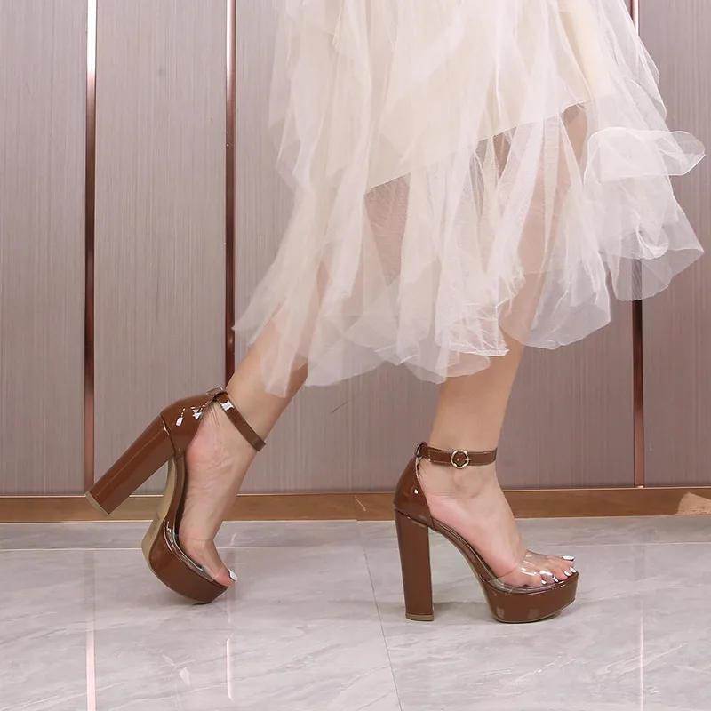 

Women Sandals Fashion Sandalias Shallow Patent Leather 10CM Square heel Buckle Strap Ankle Strap Open Toe Women's Shoes Casual