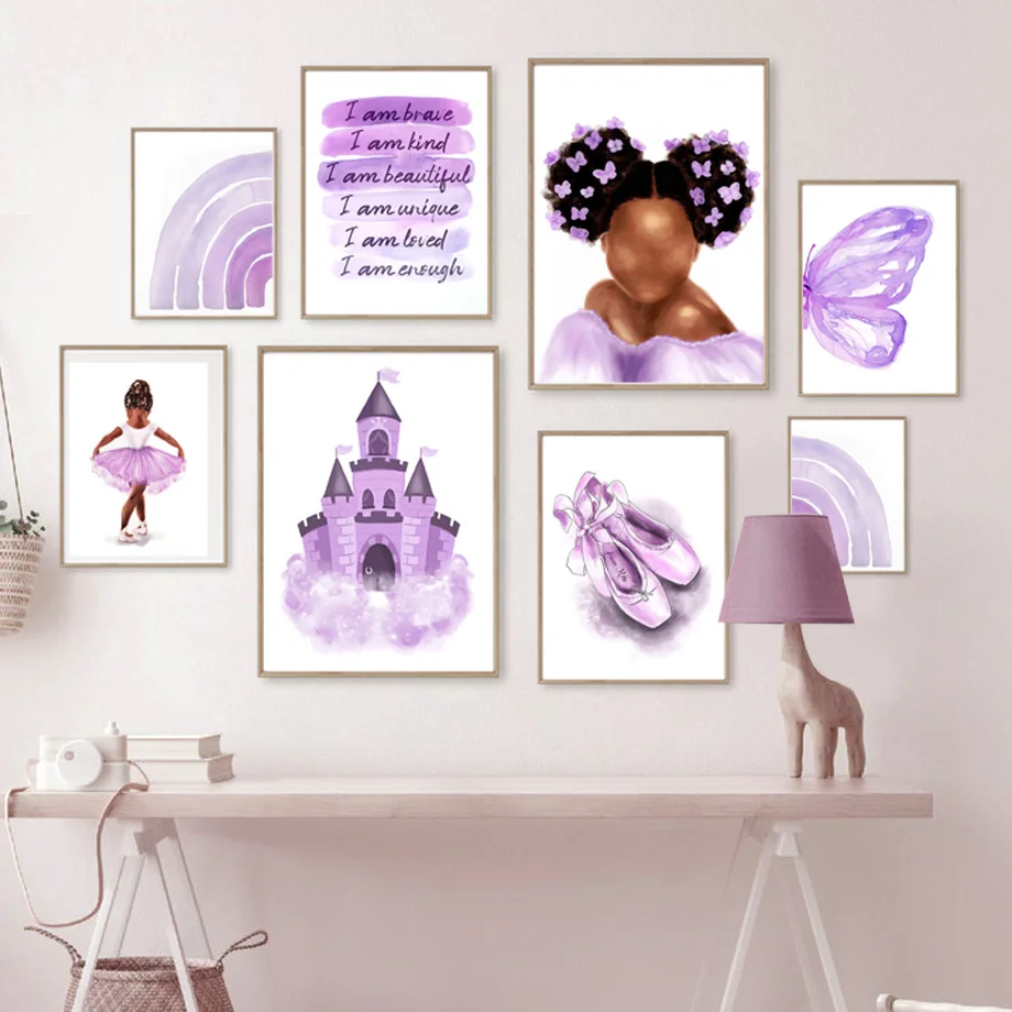 

Фиолетовая Радуга замок бабочка черная девочка детская комната плакаты печатные детские настенные картины декор нордическая раскраска на холсте для детской