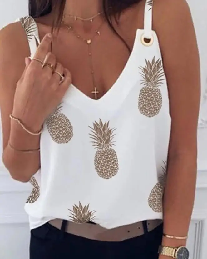 

Fashion Women's Top Spring/Summer 2023 New Casual Pineapple Print eyeliner Design V-neck Women's Vest Street Dress