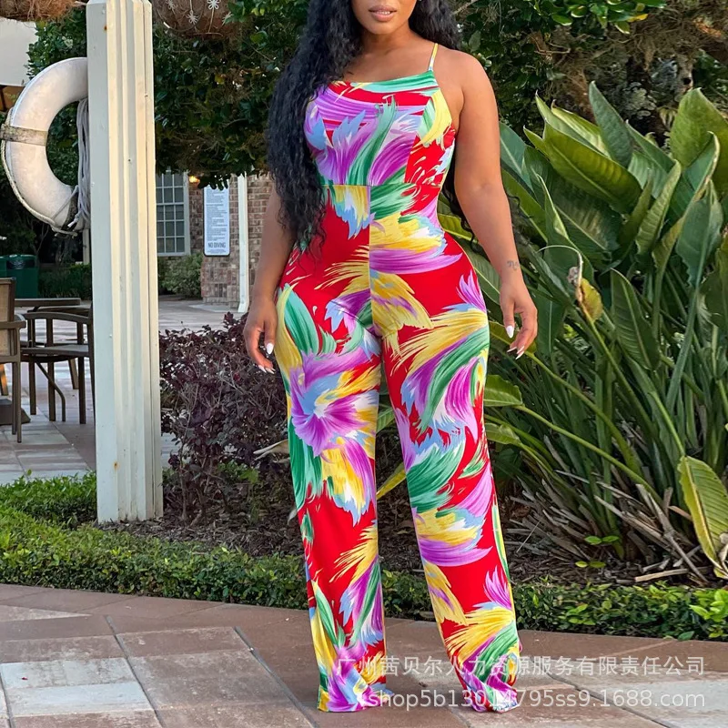

Abstract Print Spaghetti Strap Jumpsuit Women Sleeveless High Waist O Neck Summer Spring Pants Jumpsuits