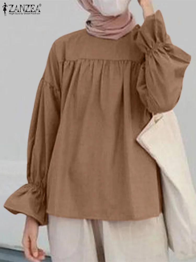 

Summer Muslim Shirt ZANZEA Women Fashion O Neck Long Sleeve Solid Blouse Casual Ramadan Tops Female Ruffles Blusas Islamic Cloth