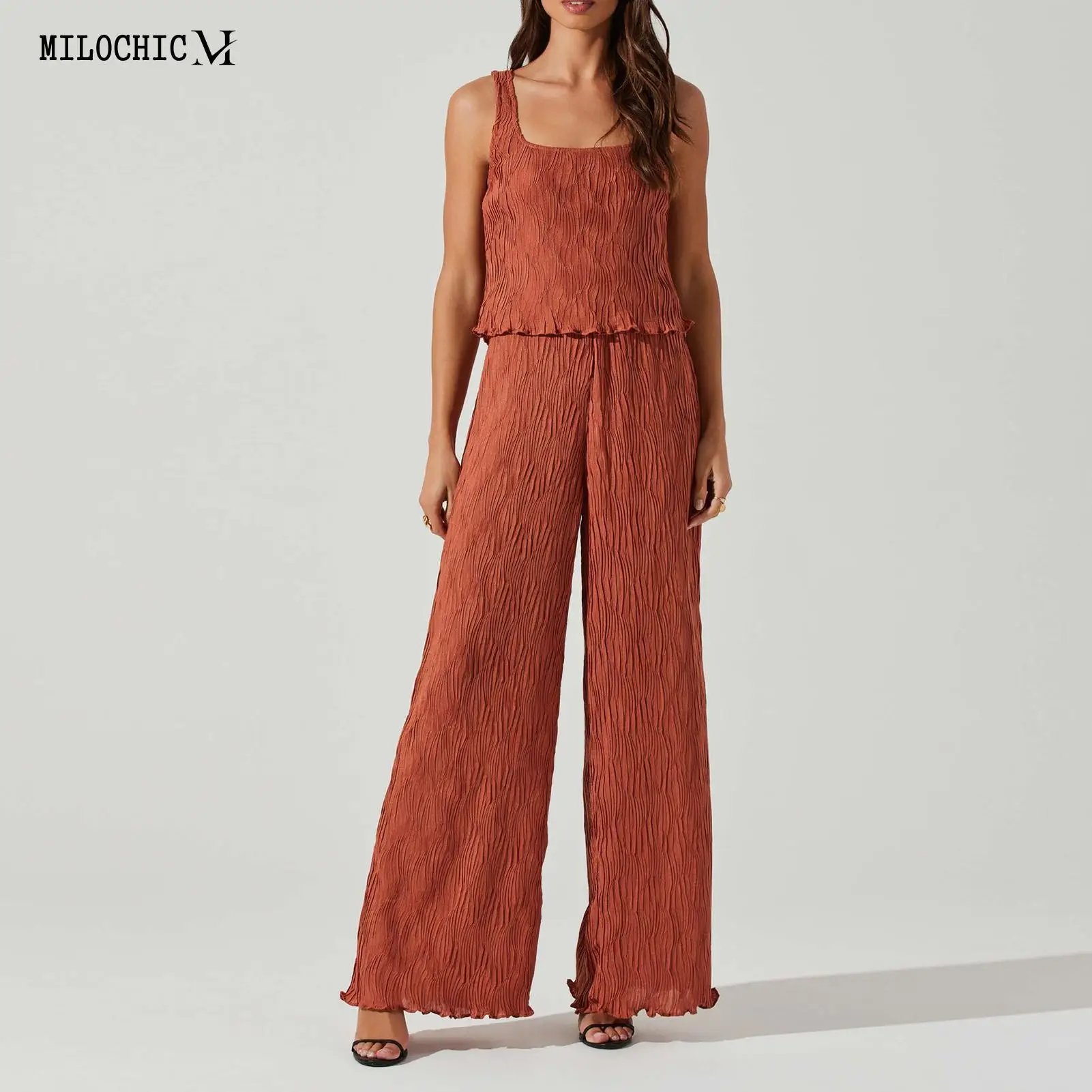 

Ladies Pleated Vest Fashion Set Square Neck Vest Top Wide Leg Pants Set Solid Color Elegant Style Elastic Waisted Daily Oufifit