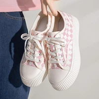 plaid print platform sneakers women fashion 2022 autumn students daily wear canvas shoes casual korean basic sleek pink shoes