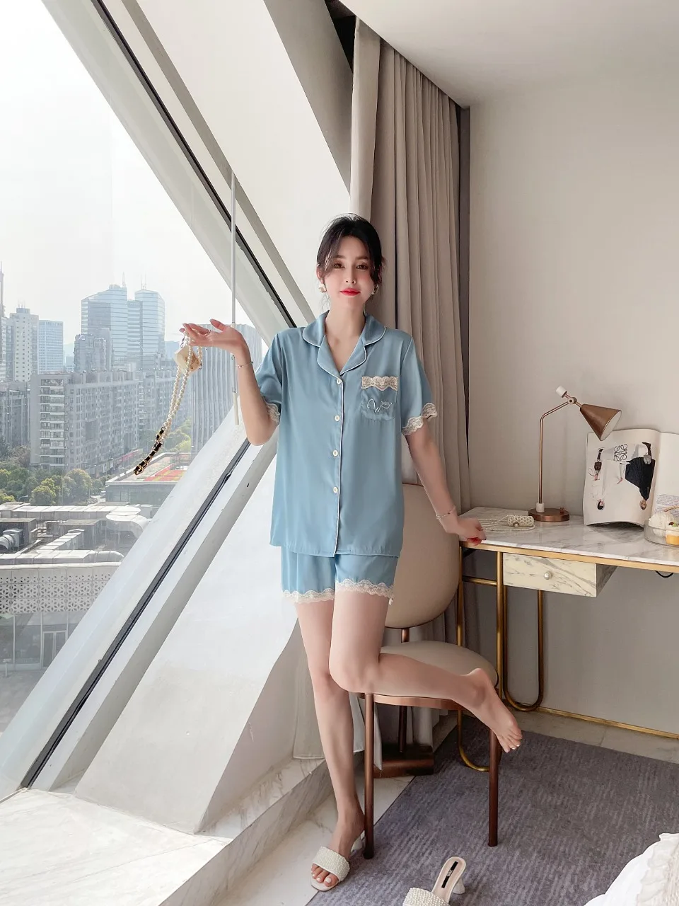 [Women's pajamas] [high-quality]Couple Ice Silk Pajamas for Men and Women Advanced Spring/Summer Thin Home Fur Set