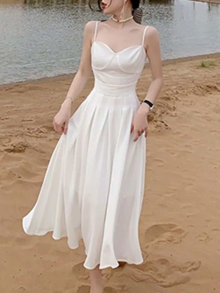 

Elegant Women Spaghetti Strapless White Dress French Style Solid Vestdios Femme Fashion Holiday Party Robe
