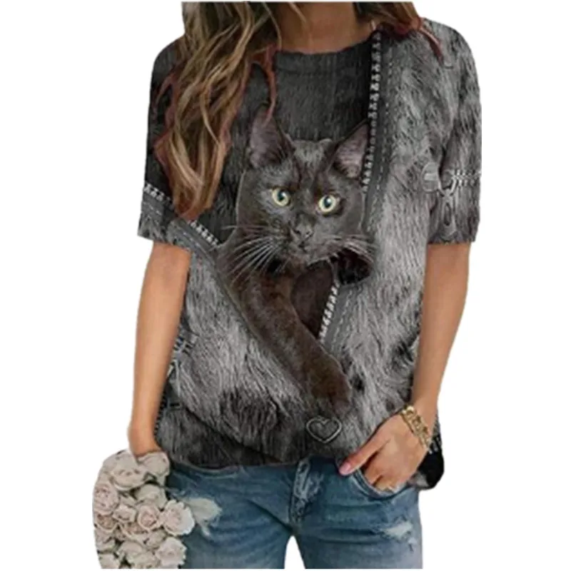 

2022 New Womens 3d Cartoon Cat Print T Shirt O-Neck Fashion Casual Streetwear Short Sleeve Tee Tops