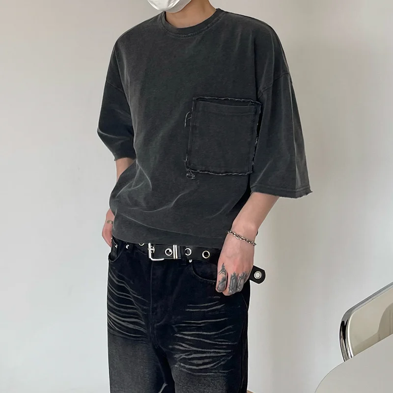 

Summer Oversized Short Sleeve T-shirt Men Fashion Retro Pocket T Shirt Men Streetwear Korean Loose Round Neck Tshirt Mens Top