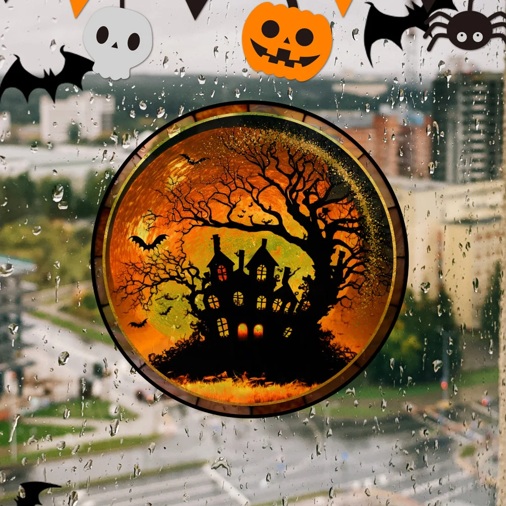 

Halloween Stained Colorful Horror Castle Cat Static PVC Window Glass Stickers Glue Free Decorative Film Party Home Decoration