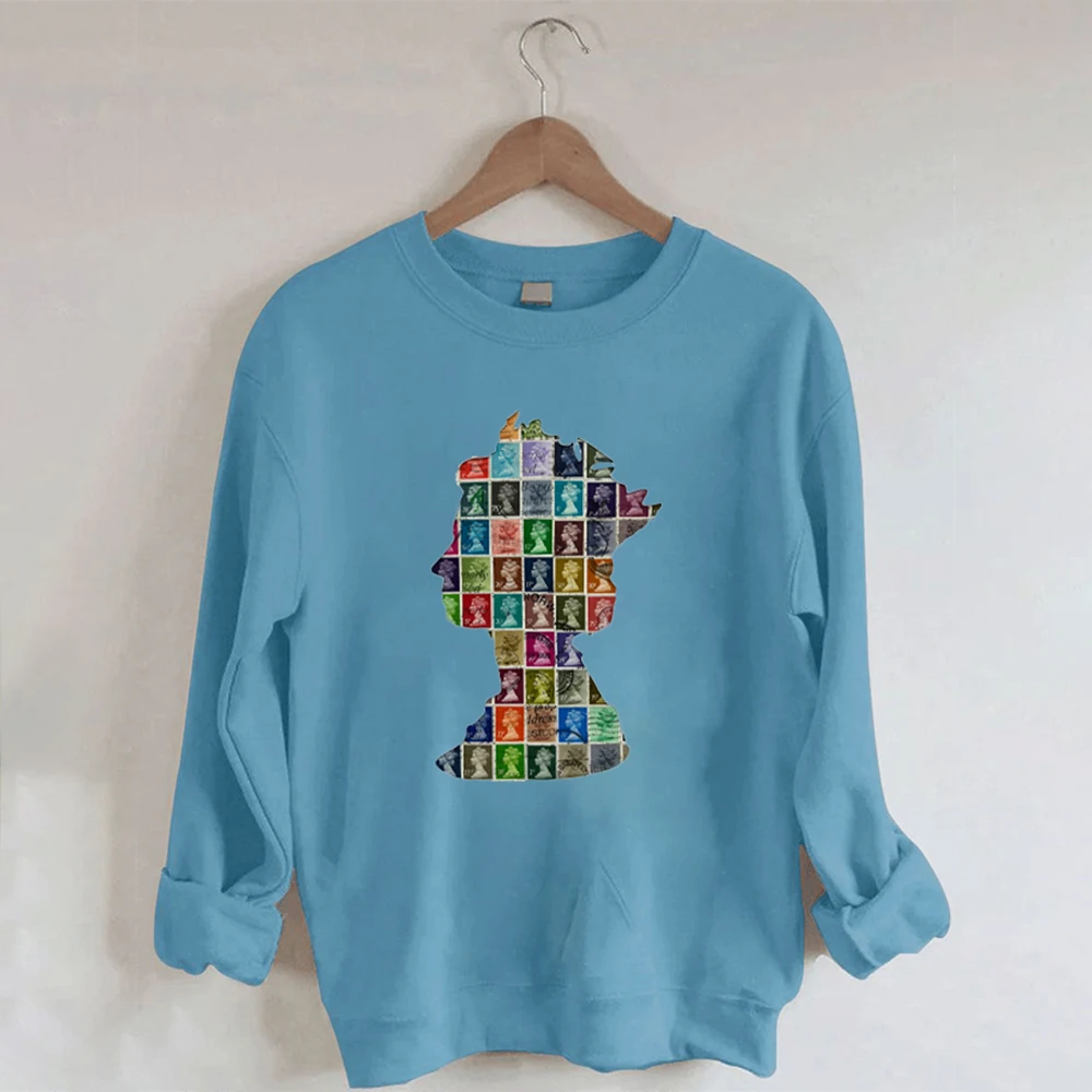 

Fashion Queen Elizabeth Vintage Postage Stamp Art Print Sweatshirt Vintage Street Tops Casual Women Pulovers Tracksuit 2022