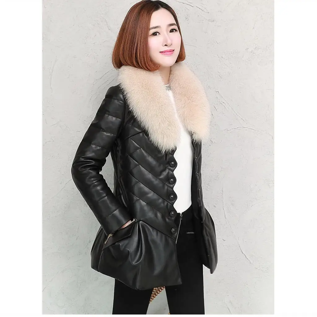 

Winter PU Leather Women's Short Fur Collar Thickened Down Cotton-padded Jacket Imitation Fur Slim Coat Leather Puffer Jacket