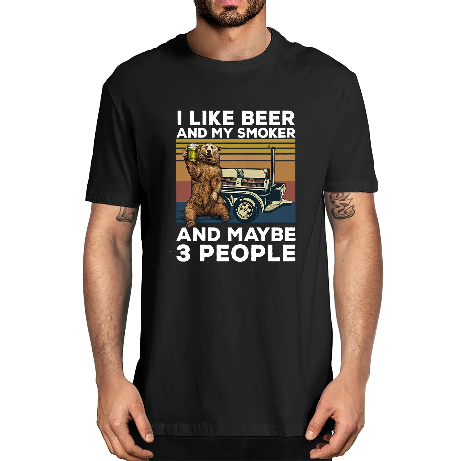 

Unisex Bear Camping I Like Beer And My Smoker And Maybe 3 People Men's 100% Cotton Funny Short Sleeve T-Shirt Streetwear Tshirt