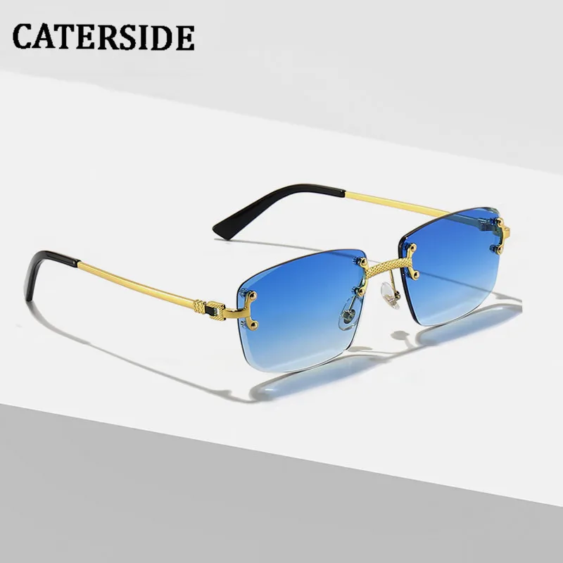 CATERSIDE Blue Gradient Lens Metal Sunglasses Men Women Luxury Designer Rimless Small Square Sun Glasses For Men 2022 Framless