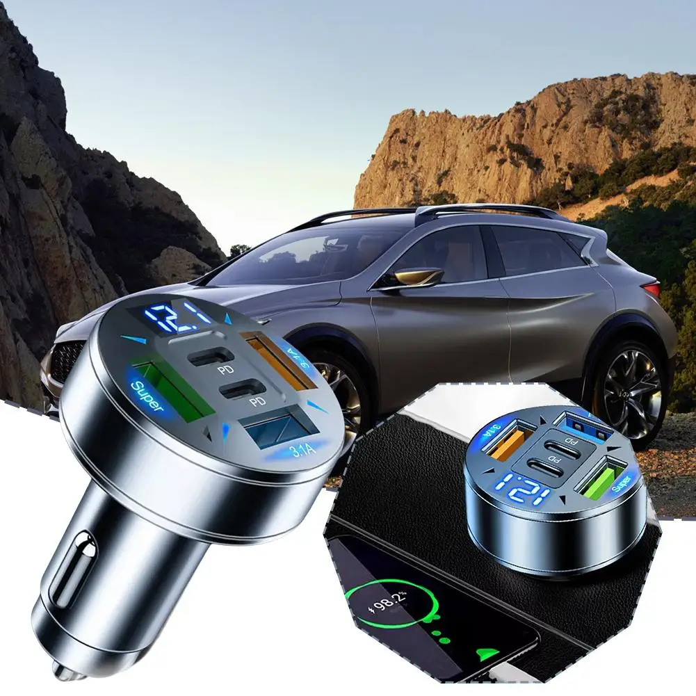 Автомобильное зарядное устройство 5-в-1 с цифровым дисплеем зеленый USB поддержка