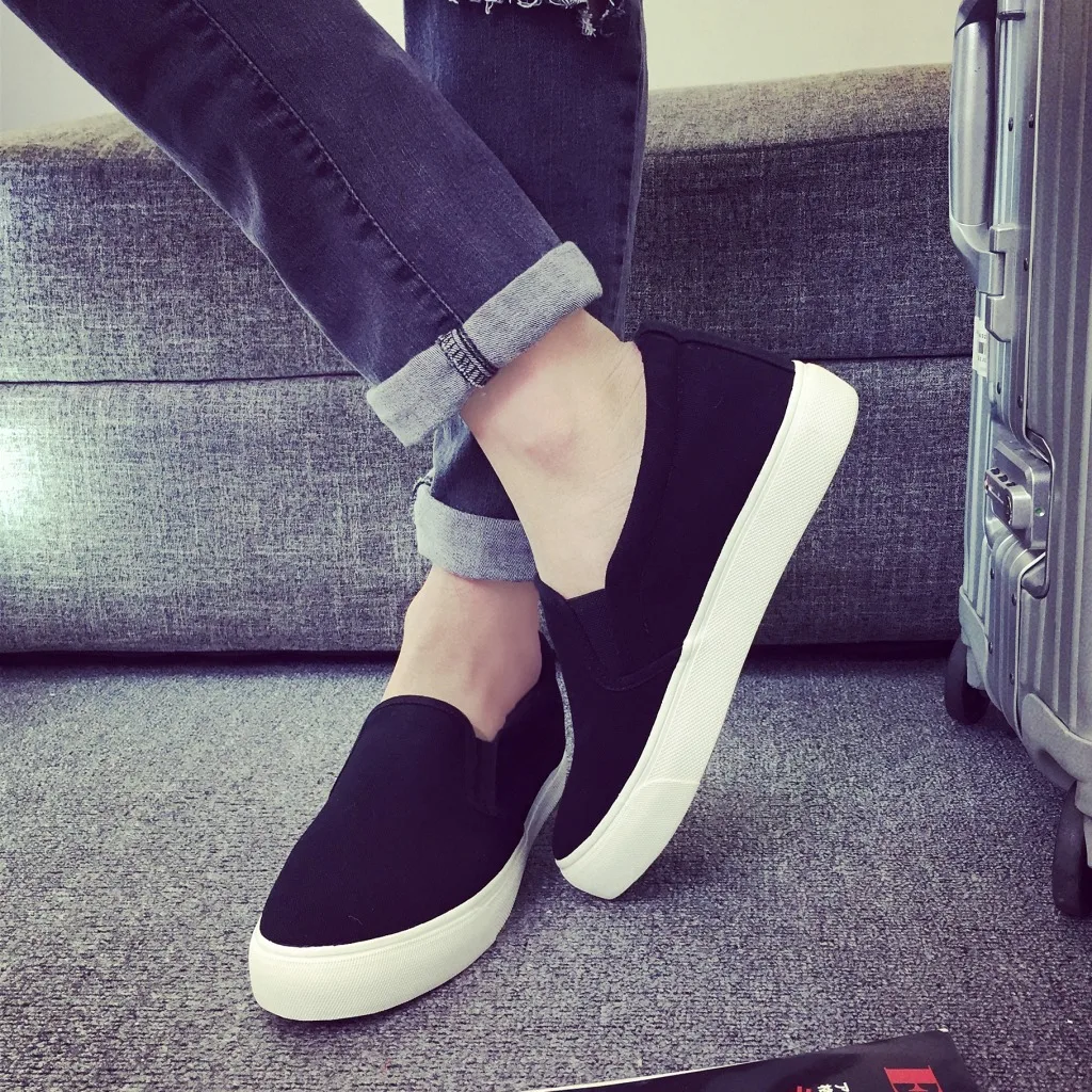 

New Summer Korean Men's Canvas Shoes Thick-soled Loafers Slip-on Casual Height-increasing Shoes White Sneakers Zapatos Hombre