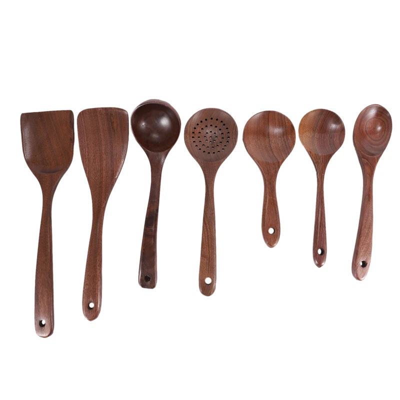 

7 Pcs Wooden Kitchen Cooking Utensil Set,Wooden Soup Ladle,Black Walnut Wooden Spoons Spatula For Cooking,Mixing Spoon Promotion