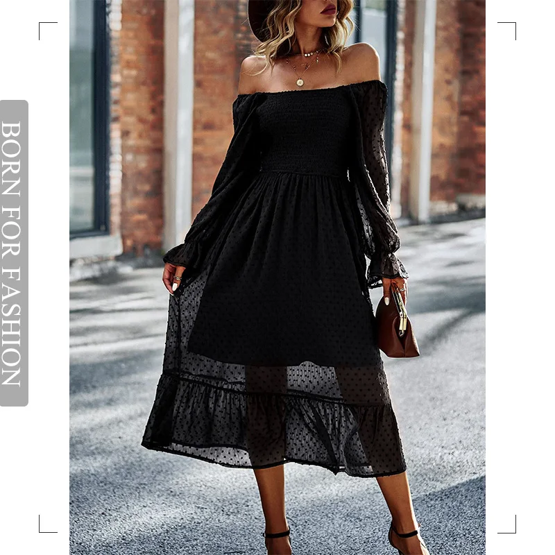 Fashion Off Shoulder Beach Dress Boho 2023 Summer New Casual Style Black Midi Women Hollywood Outfits for Women Beach Ruffle