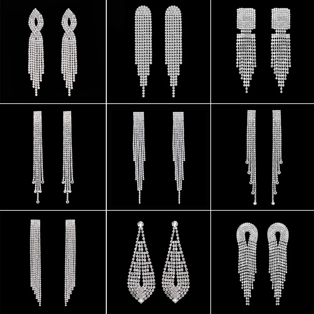 

BLIJERY NEW Rhinestones Crystal Tassels Long Earrings for Women Gift Hanging Dangle Drop Earrings Brincos Bridal Wedding Jewelry