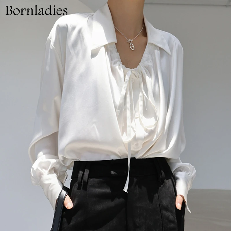 

Bornladies стильные шикарные женские атласные блузки на шнуровке 2022 весенние модные свободные однобортные женские рубашки с длинным рукавом