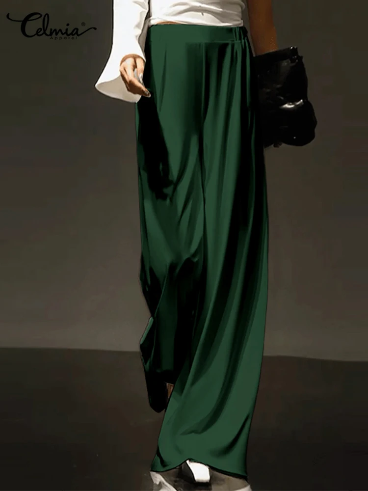 

Celmia Fashion Elegant Pantalones De Mujer Satin Women Elastic Waist Silky Runway Ropa All-match Glossy Wide Leg Pants Trousers