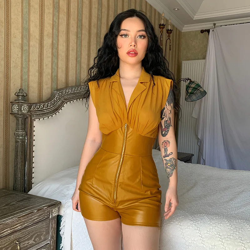 

Women Sexy Jumpsuit 2022 Summer PU Leather Splicing Plastic Waist Lapel Shirt One-piece Shorts Jumpsuits Playsuits Women's Wear