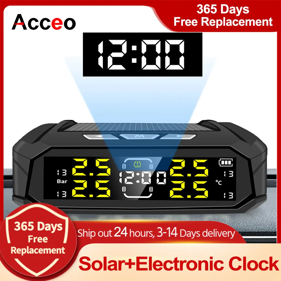 Acceo K19 Solar Power TPMS Car Tire Pressure Alarm Monitor Electronic Clock LCD Screen Temperature Warning Security Monitor