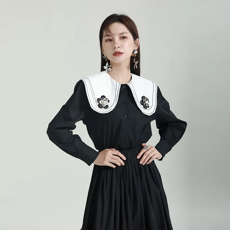 

Zhongchuang Rizhen 2023 рубашка женская дизайнерская нишевая двухслойная кукольная рубашка с большим цветком белая рубашка маленькая рубашка