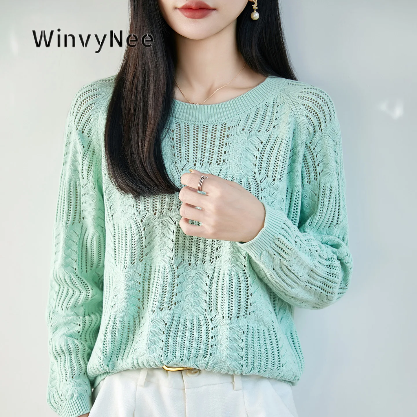 Фото Женский джемпер WinvyNee, 100% хлопок, круглый вырез, ажурная вязка, свободный крой, универсальный, мягкий, дышащий, стильный повседневный предмет одежды ZA1092032 №1