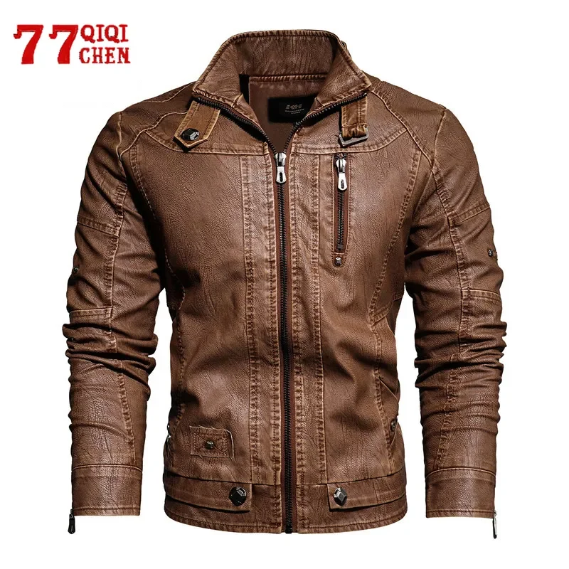 

Motorcycle Leather Jacket Men Autumn Winter Faux PU Jackets Casual Embroidery Biker Coat Zipper Fleece Windproof Outwear 5XL