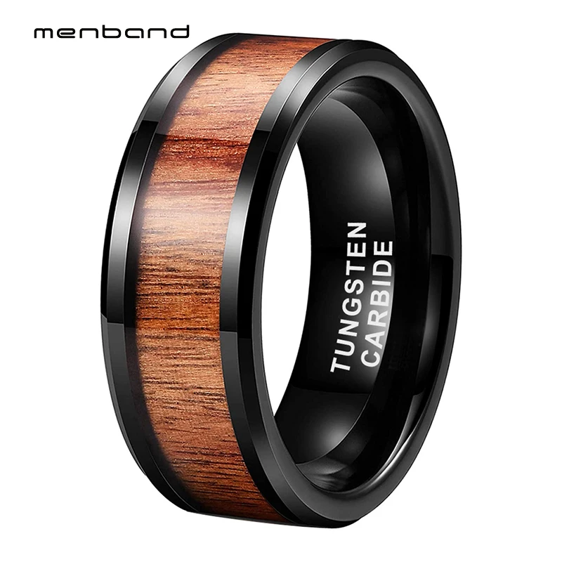 

6mm 8mm Black Tungsten Ring Vietnam Acid Wood Inlay For Men Women Wedding Band Beveled Edges Polished Shiny Comfort Fit