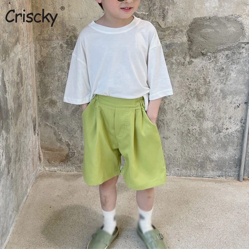 

Criscky Boys Solid T-shirts White Green Pink Girls Tees Children Slit Long Tops Short-sleeve Clothes for Summer Kids Outfits
