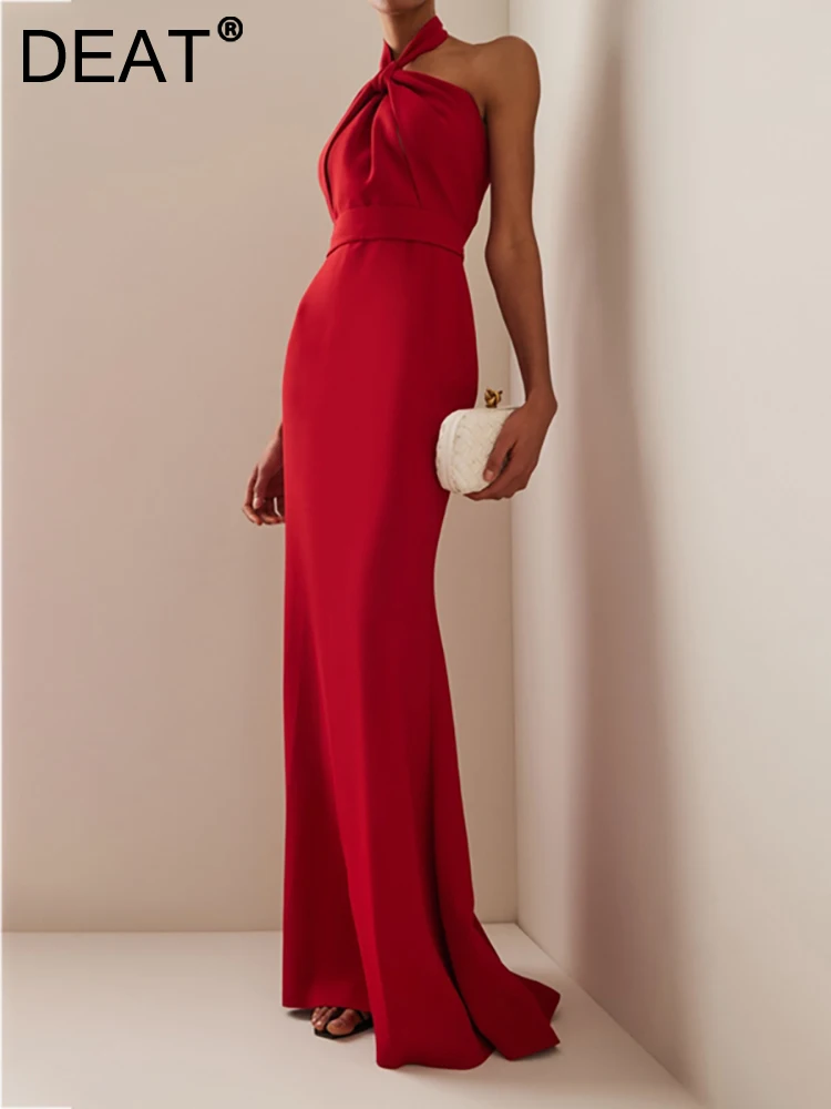 

Женское вечернее платье на молнии [DEAT], красное платье с открытой спиной и воротником-халтером без рукавов, с перекрестной вышивкой, на молнии, 13DB1229, весна 2023